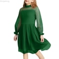 thumbnail image 1 of Zecgelong Girls Dress Color Contrast Mesh Long Sleeve Girls Dresses Size 7-8 Years Green, 1 of 3