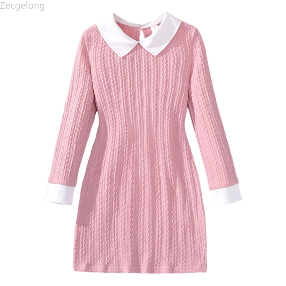 Zecgelong Girls Dresses Long Sleeve Ribbed Fabric Dress With Notched Collar And Back Button For Casual School Party Outfit Girls Dresses Size 9-10 Years Pink