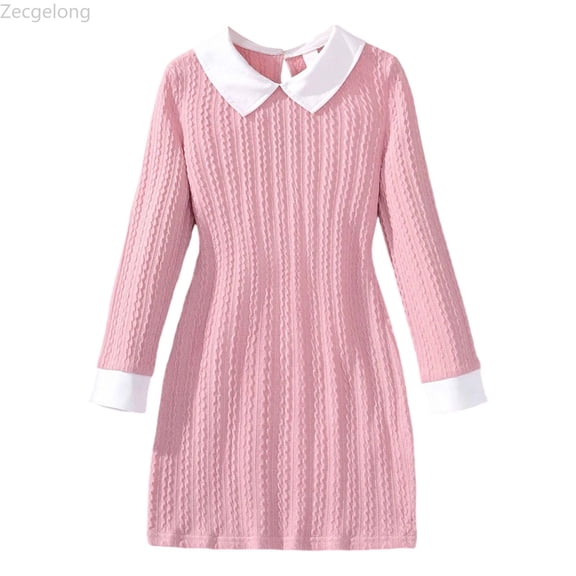 Zecgelong Girls Dresses Long Sleeve Ribbed Fabric Dress With Notched Collar And Back Button For Casual School Party Outfit Girls Dresses Size 9-10 Years Pink