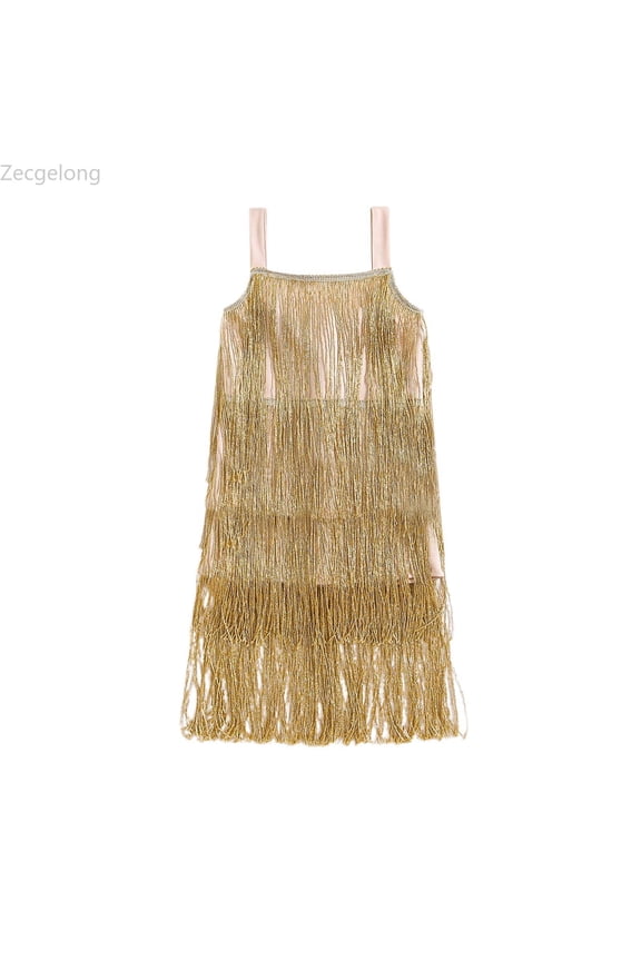 Girls Flapper Dress Sequins Fringe Latin Dance Dress Tassel Tango Dress Girls Dresses Size 6-7 Years Gold