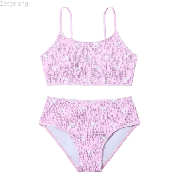 Zecgelong Girls Floral Print Swimwear Two Piece Cute Ruffle Bikini For Beach Pool Summer Swim Pink Size 8-9 Years