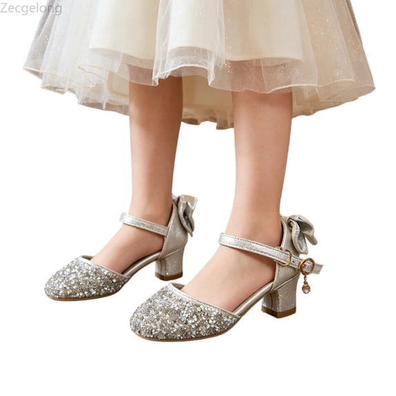 Zecgelong Girls High Heel Glitter Shoes Little Kid Big Kid 3-10 Years Formal Party Performance Dance Footwear