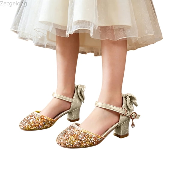 Zecgelong Girls High Heel Glitter Shoes Little Kid Big Kid 3-10 Years Formal Party Performance Dance Footwear