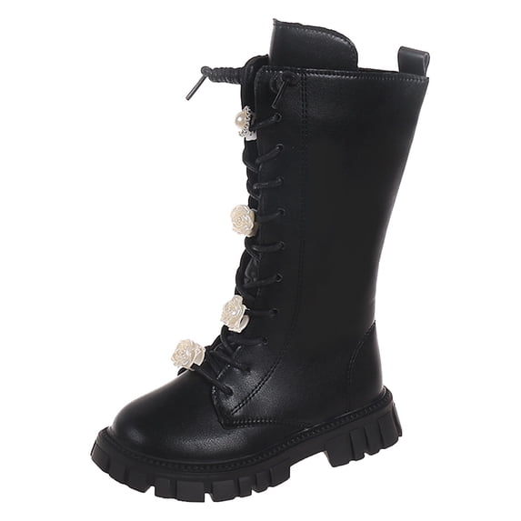 Zecgelong Girls Leather Lace-Up Waterproof Side Zipper Mid Calf Combat Riding Winter Boots Size US:11 Black