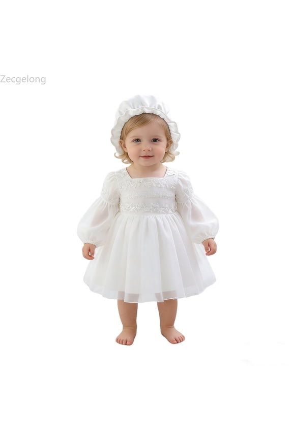 Girls Long Sleeve Christening Gown Baptism Dress With Skirt Girl Party Tutu Outfit Girls 2 Piece Long Sleeve Dress Set for Girls 18-24 Months