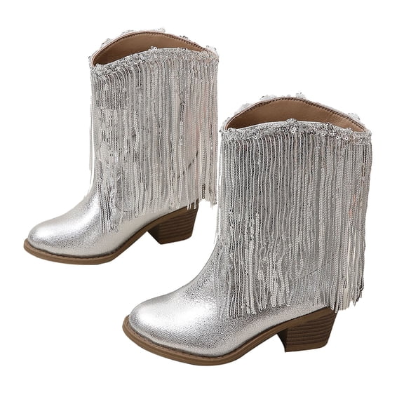 Zecgelong Girls New Solid Color Leather Fashion Children Western Cowboy Boots Autumn And Winter Casual Kids Tassel Boots Girls' Rain Boots 7-8 Years