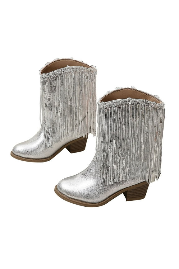 Girls New Solid Color Leather Fashion Children Western Cowboy Boots Autumn And Winter Casual Kids Tassel Boots Girls' Rain Boots 10-10.5 Years