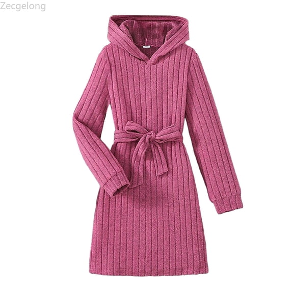 Zecgelong Girls Ribbed Knit Hooded Dress Long Sleeve Casual Solid Color Tunic For Big Kids Toddler Winter Fall Outerwear Daily Wear Girls Dresses Size 8-9 Years Pink