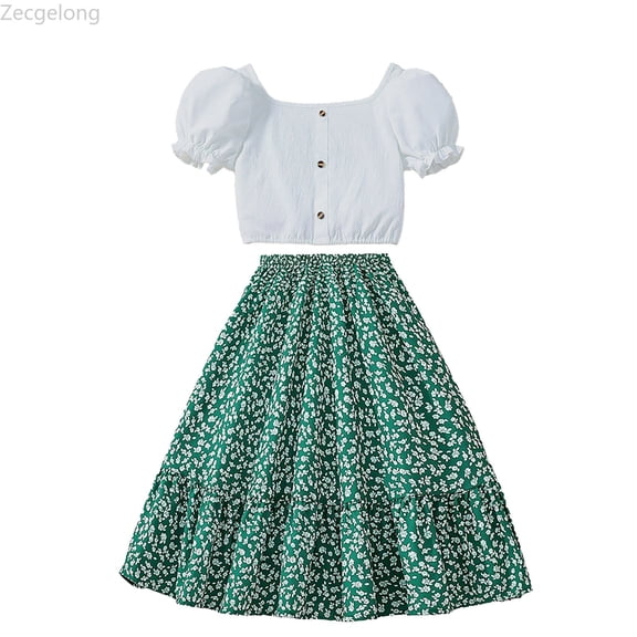 Zecgelong Girls Solid Color Puffy Sleeve Cute Blouse Floral Long Skirt Set Girls Outfits Sets Age 7-8 Years
