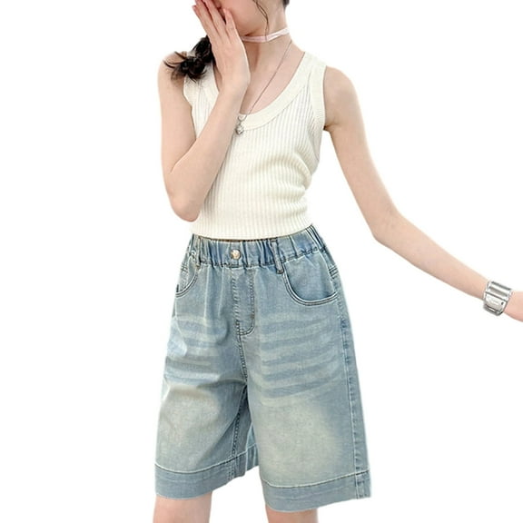 Zecgelong Girls Summer Pants Lightweight Shorts Casual Comfortable Kids Jeans For Daily Wear Age 5 14 Years Soft Breathable Play Outfit Girls School Uniform Pants Size 7-8 Years