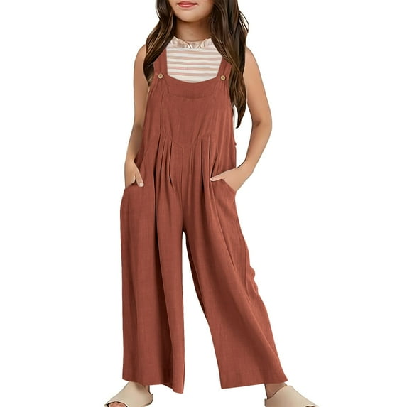 Zecgelong Girls Summer Sleeveless Wide Leg Jumpsuit Casual Solid Color Romper With Pockets Loose Fit Overalls For Toddler And Kids Baby Girl Rompers Size 13-14 Years