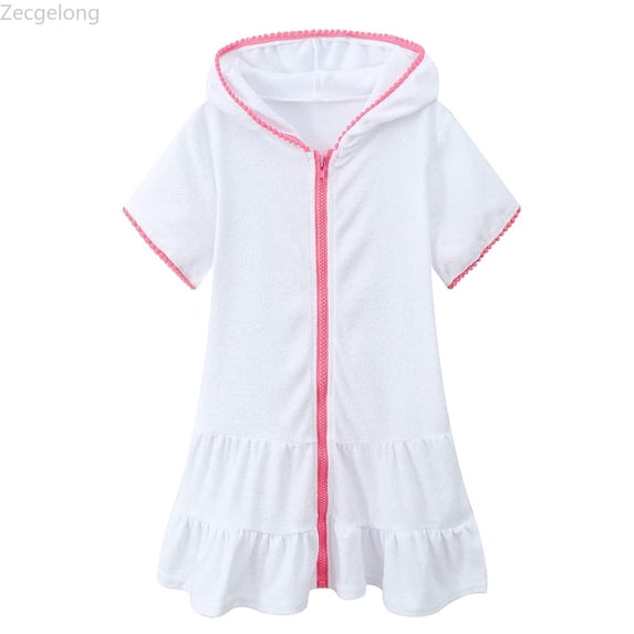 Zecgelong Girls Swim Cover Up Kids Swimsuit Coverup Zip-Up Beach Bathing Suit Wraps Size 3-4 Years White