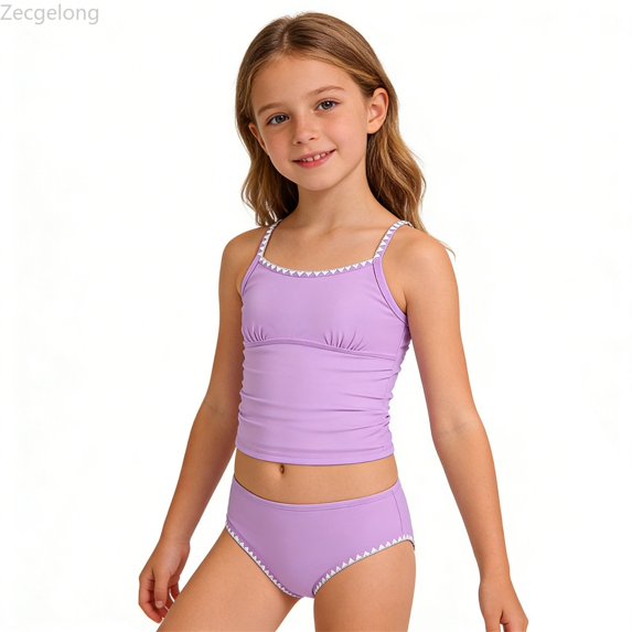 Zecgelong Girls Swimsuit Solid Color Contrast Trim Swimwear 2 Piece Bathing Suit Padded Swimsuits For Teens 8 14Y Girls Two Piece Swimsuit Size 10-11 Years