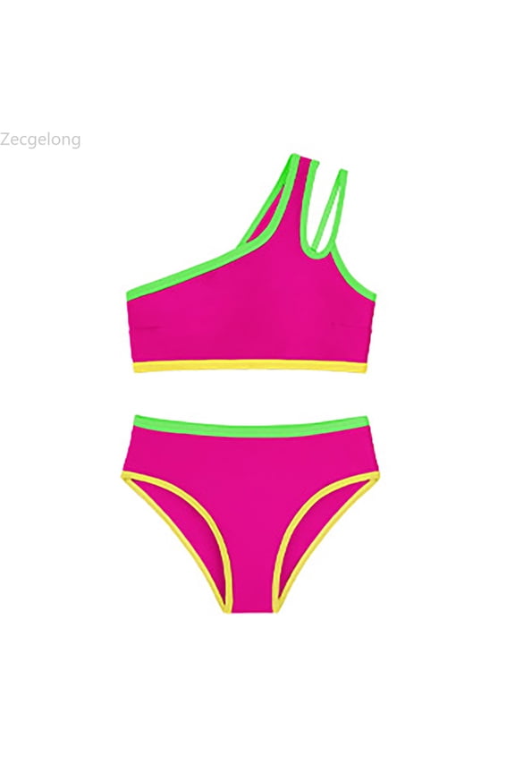 Girls Swimsuit Two Piece One Shoulder Bathing With Chest Pad Color Bikini 7 16 Years Girls Two Piece Swimsuit Size 15-16 Years