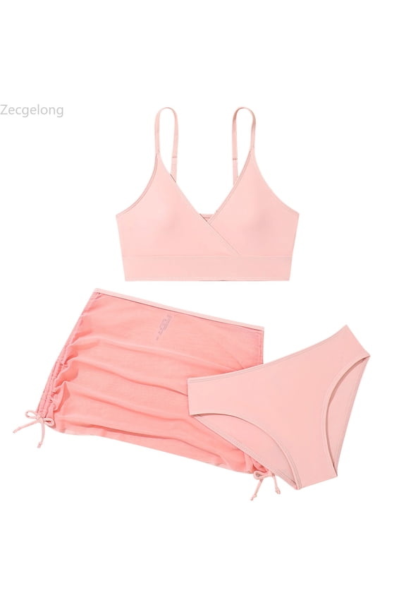 Girls Swimsuits 3 Piece Bathing Suit Solid Color Bikini Set with Cover Up Skirt Beach Swimwear Size 13-14 Years