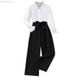 thumbnail image 1 of Zecgelong Girls' White Hollow Out Fashion Long Sleeved Top Lace Up Casual WWide Leg Pantsuit Girls Holiday Sets Age 10-12 Years, 1 of 5