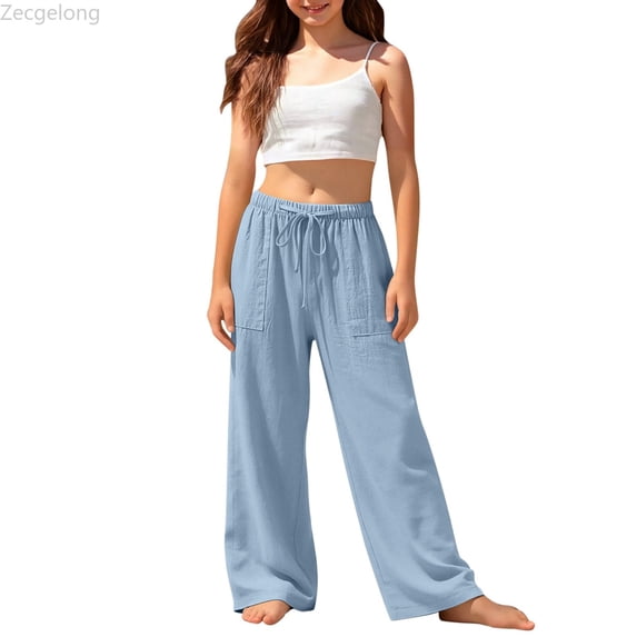 Zecgelong Girls Wide Leg Dress Pants Flowy Loose Solid Color Floral Elastic Waist Baggy Casual School Leg Pants Size 16-17 Years