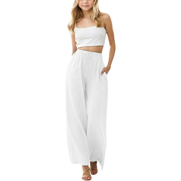 Zecgelong Girls Wide Leg Pants Loose Trousers Linen with Pockets Elastic Waist Casual for Kids Size 6-7 Years