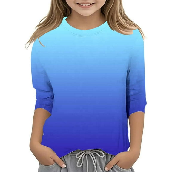 Zecgelong Girls's Gradient Printed Fashionable Versatile Round Neck 3/4 Quarter Sleeve Casual T Shirt Top Girls Graphic Tees Size 11-12 Years