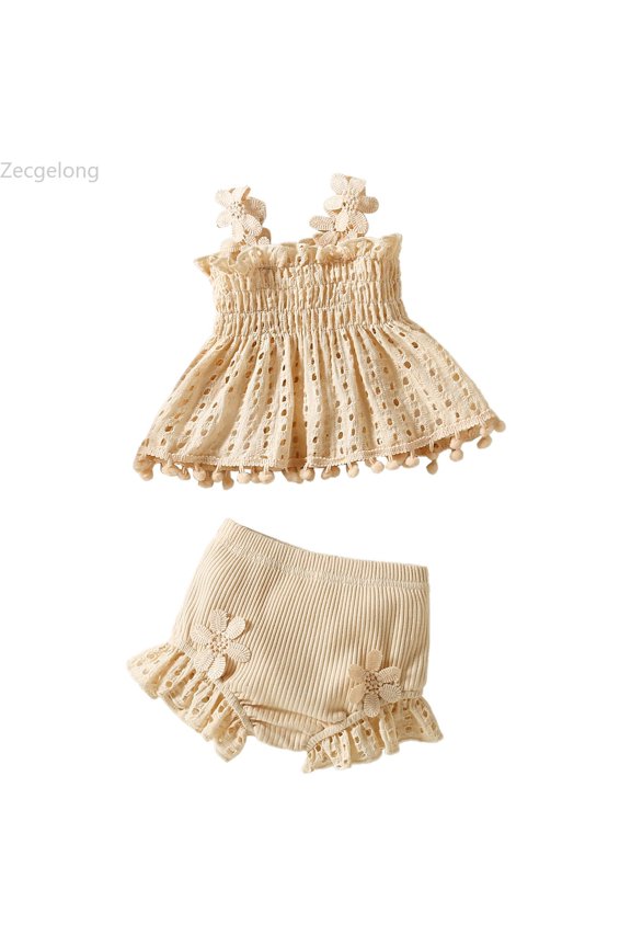 Infant Girls Sleeveless Bowknot Lace Ruffles Tops Shorts Romper Bodysuit Outfits Girls Outfits Sets Age 3-6 Months