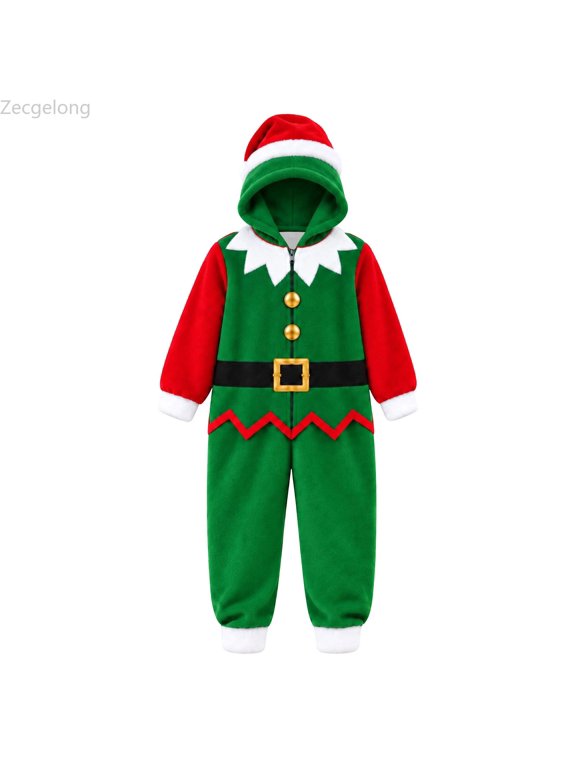 Kids Christmas Hooded Elf Jumpsuit Zip Romper 0-14Y