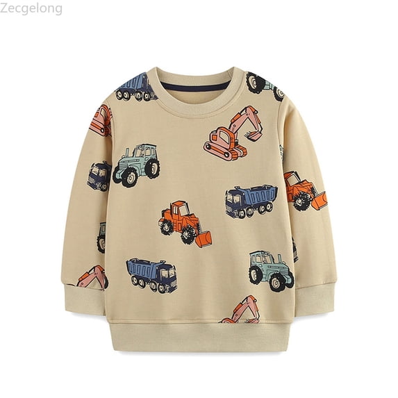 Zecgelong Kids Crew Neck Sweatshirt For Boys Fashionable Long Sleeve Top With Car Print Autumn Apparel Beige,Size 2-3 Years