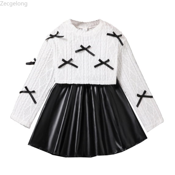 Zecgelong Kids Girls Outfits Long Sleeve Shirt Tops With Bow And Skirt Two Piece For Teen Girls Girls Dress Set for Girls 7-8 Years