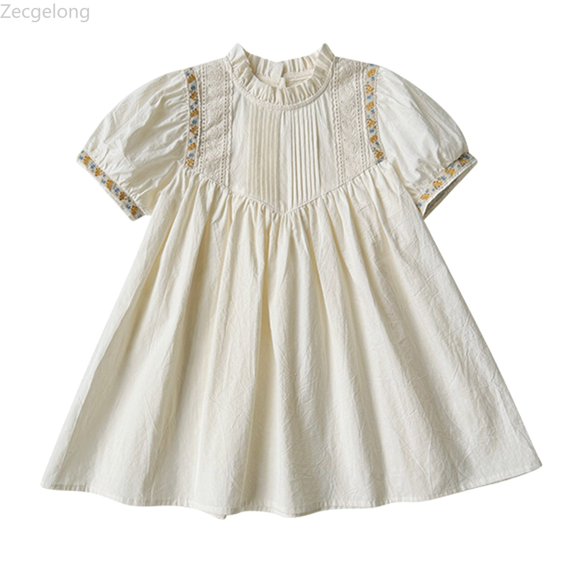 Zecgelong Kids Girls Summer Floral Embroidery Puffy Sleeve Dress Pleated Skirt Girls Summer Dresses Size 2-3 Years Beige