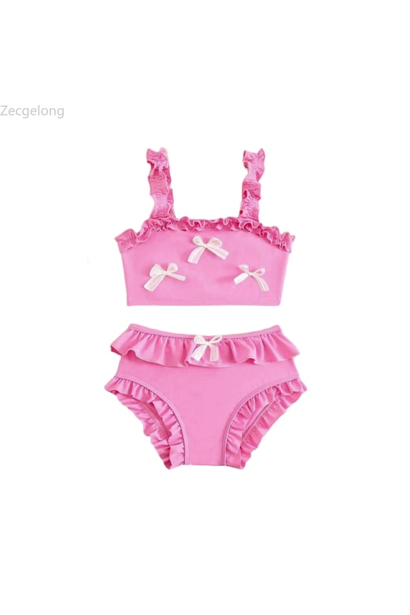 Korean Style Girls Swimwear Cute Bow Ruffle Strap Sunsuit For Baby Toddler And Kids Beach Pool Party Kids Two Piece Swimsuit Size 3-4 Years