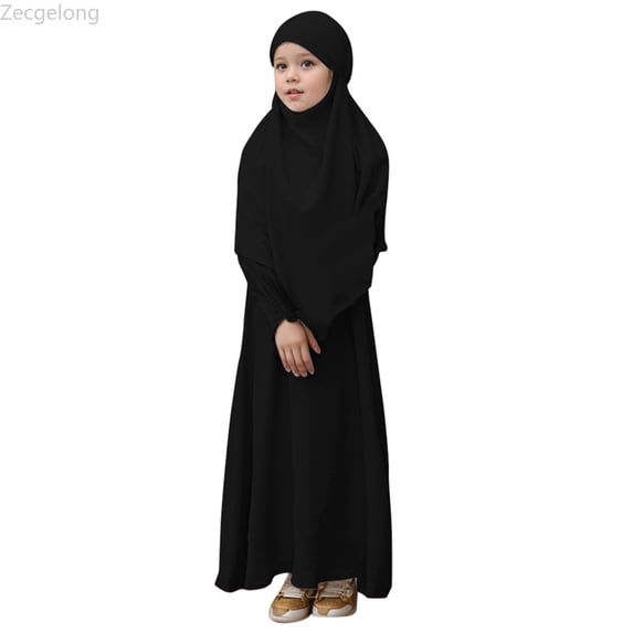 Zecgelong Muslim Girls Round Neck Ruffled Solid Color Dress With Pattern Flounce Girls Dresses Size 3-4 Years Black