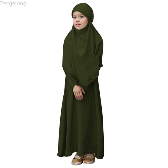 Zecgelong Muslim Girls Round Neck Ruffled Solid Color Dress With Pattern Flounce Girls Dresses Size 3-4 Years Green