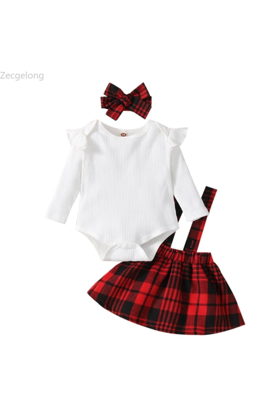 Baby Girls Cotton Plaid Autumn Long Sleeve Romper Bodysuit Suspender Dress Headbands Set Clothes Girls 3 Piece Sets Age 3-6 Months