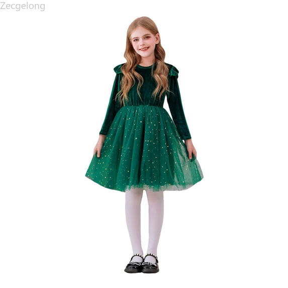 Zecgelong Ruffled Long Sleeved Dress Princess Party Performance Dress Children's Dress Starry Dress Girls Dress For Kids Size 11-12 Years Green