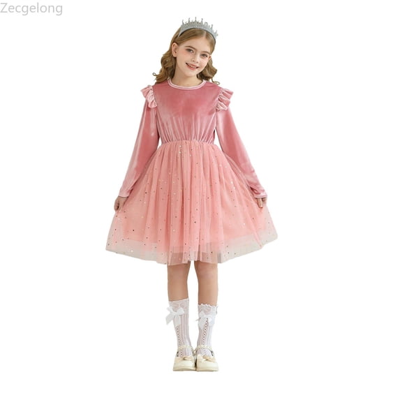 Zecgelong Ruffled Long Sleeved Dress Princess Party Performance Dress Children's Dress Starry Dress Girls Dress For Kids Size 5-6 Years Pink