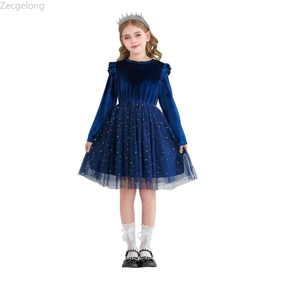 Zecgelong Ruffled Long Sleeved Dress Princess Party Performance Dress Children's Dress Starry Dress Girls Dress For Kids Size 9-10 Years Blue