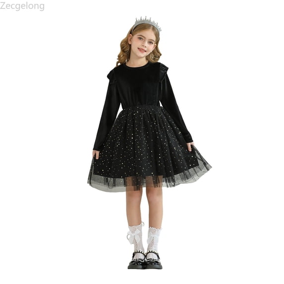 Zecgelong Ruffled Long Sleeved Dress Princess Party Performance Dress Children's Dress Starry Dress Girls Dress For Kids Size 5-6 Years Black