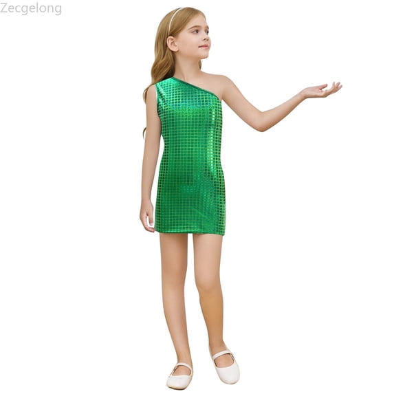 Zecgelong Square Sequin Sleeveless Dress Girls Party Outfit Green 13-14 Years