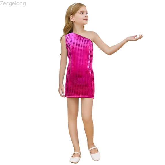Zecgelong Square Sequin Sleeveless Dress Girls Party Outfit Pink 6-7 Years