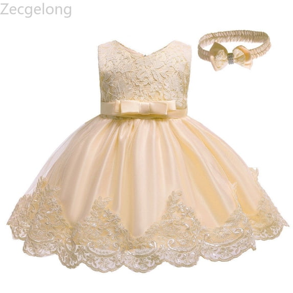 Zecgelong Toddler Baby Girl Embroidered Tutu Ball Gown Lace Dresses with Headwear Size 6-12 Months Beige