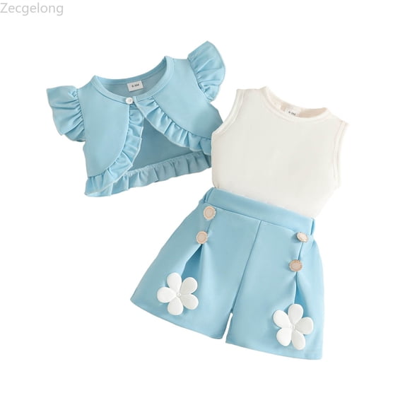 Zecgelong Toddler Girls Fly Sleeve Ruffles Coat Vest Tops Skirts Floral Shorts Outfits Toddler Girls Sets Age 9-12 Months