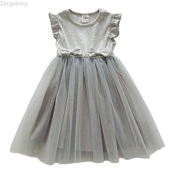 Zecgelong Toddler Girls Fly Sleeves Prints Embroidery Bowknot Dress Dance Party Dresses Clothes Girls Dress For Kids Size 12-18 Months Gray