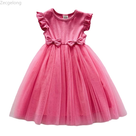 Zecgelong Toddler Girls Fly Sleeves Prints Embroidery Bowknot Dress Dance Party Dresses Clothes Girls Dress For Kids Size 5-6 Years Pink