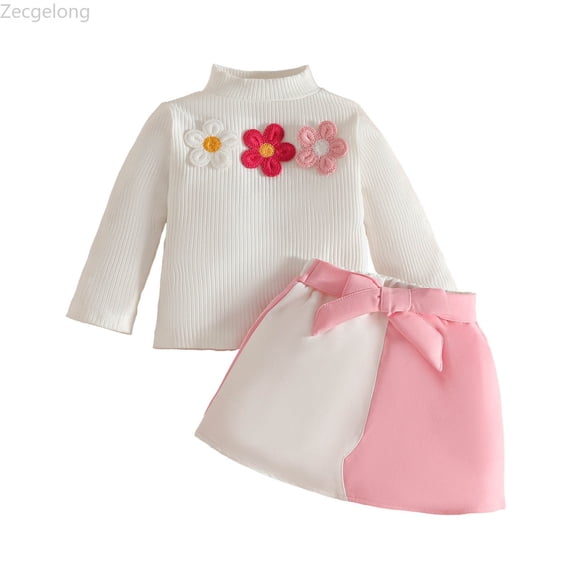 Zecgelong Toddler Girls Long Sleeve Ribbed Floral T Shirt Tops Patchwork Skirts Outfits Toddler Girls Sets Age 18-24 Months