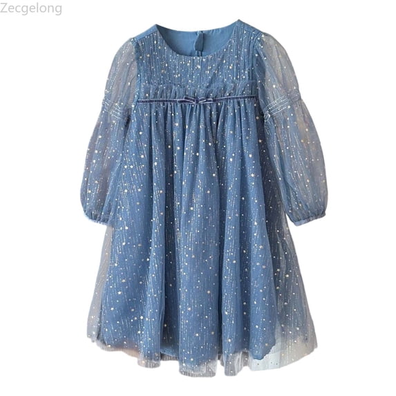 Zecgelong Toddler Girls Long Sleeve Star Moon Sequin Dress Dance Party Dresses Clothes Girls Birthday Dresses Size 6-7 Years Blue