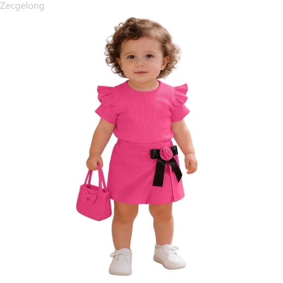 Zecgelong Toddler Girls Short Sleeve Ribbed Tops T Shirt Floral Skirts Shorts Bag Outfits Toddler Girls Sets Age 18-24 Months