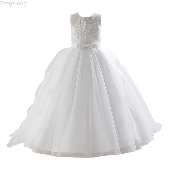 Zecgelong Toddler Girls Sleeveless Floral Embroidery Lace Tulle Ruffles Party Evening Dress Wedding Dress Girls Floral Dresses Size 6-7 Years White