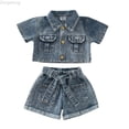 thumbnail image 1 of Zecgelong Toddler Girls Summer Short Sleeved Denim Tops Solid Colour Shorts With Belt 3pcs Jean Suit Outfits Toddler Girl Outfit Set for Girls 2-33 Years, 1 of 5