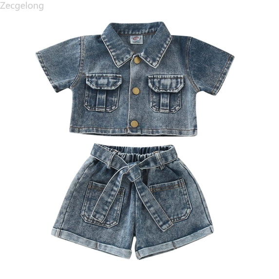 Zecgelong Toddler Girls Summer Short Sleeved Denim Tops Solid Colour Shorts With Belt 3pcs Jean Suit Outfits Toddler Girl Outfit Set for Girls 2-33 Years