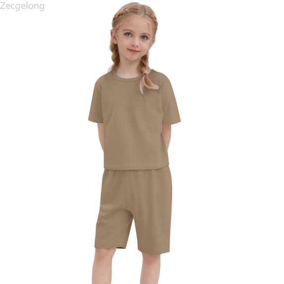 Zecgelong Toddler Kids Baby Boy Girl Solid Pullover Short Sleeve Sweatshirt T Shirt Crewneck Tops Shorts Set Clothes Girls Outfit Sets for Girls 6-7 Years