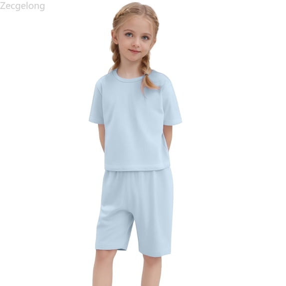 Zecgelong Toddler Kids Baby Boy Girl Solid Pullover Short Sleeve Sweatshirt T Shirt Crewneck Tops Shorts Set Clothes Girls Outfit Sets for Girls 8-9 Years